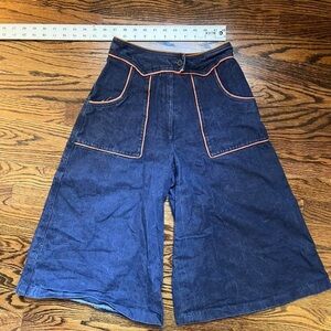 Vintage Blue Wide-Leg Denim Culottes with Orange Trim